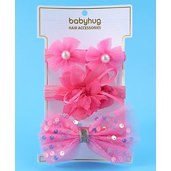 Babyhug Free Size Headbands With Floral & Bow Applique With Pearl Detailing Pack Of 3 - Fuchsia