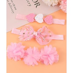Babyhug Free Size Headbands With Floral Bow & Heart Applique Pack Of 3 - Pink