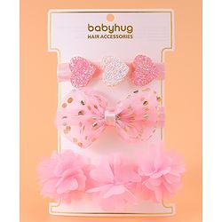 Babyhug Free Size Headbands With Floral Bow & Heart Applique Pack Of 3 - Pink