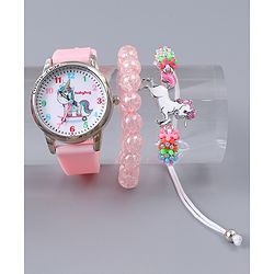 Babyhug Analog Watch Unicorn Print With Beaded Bracelet Set - Pink