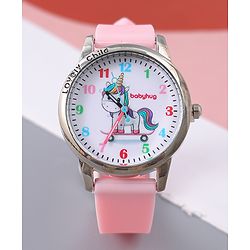 Babyhug Analog Watch Unicorn Print With Beaded Bracelet Set - Pink