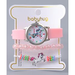Babyhug Analog Watch Unicorn Print With Beaded Bracelet Set - Pink