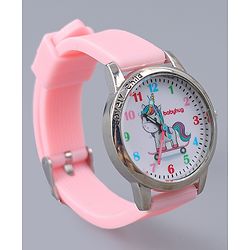 Babyhug Analog Watch Unicorn Print With Beaded Bracelet Set - Pink