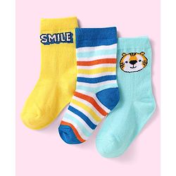 Cute Walk By Babyhug Knit Anti-Bacterial Ankle Length Socks With Text & Tiger Design Pack of 3 - Yellow & Blue