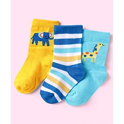 Cute Walk By Babyhug Anti-Bacterial Ankle Length Socks With Animal Design Pack of 3 - Yellow & Blue