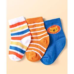 Cute Walk by Babyhug Knit Ankle Length Antibacterial Socks with Lion Floral Design & Stripes Pack of 3 - Blue White & Orange