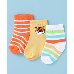 Cute Walk by Babyhug Antibacterial Ankle Length Socks With Striped & Tiger Print - Orange White & Yellow
