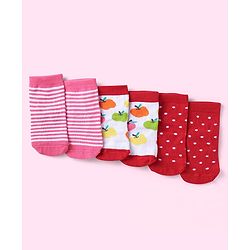 Cute Walk By Babyhug Knit Anti- Bacterial Ankle Length Striped Socks With Fruit & Polka Dot Design Pack of 3 - Red White & Pink