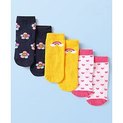 Cute Walk by Babyhug Knit Ankle Length Antibacterial Socks with Floral Rainbow & Hearts Design Pack of 3 - Black Yellow & White