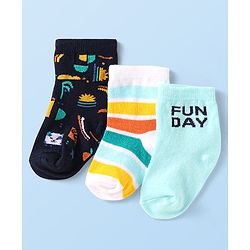 Cute Walk by Babyhug Knit Ankle Length Antibacterial Socks with Stripes & Text Design Pack of 3 - Black Light Blue & White