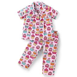 Babyhug Cotton Knit Half Sleeves Front Open Night Suit with Ice Cream Print - Pink
