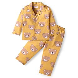 Babyhug Cotton Knit Full Sleeves Night Suit With Teddy Bear Print - Yellow