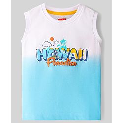 Babyhug Cotton Knit Sleeveless Tank T-Shirt With Hawaii Text Print - Light Blue & White