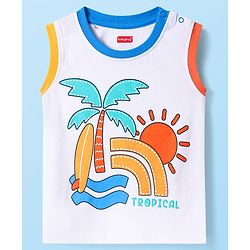Babyhug Cotton Knit Sleeveless Tank T-Shirt with Beach Theme Print - White