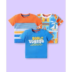 Babyhug Cotton Knit Half Sleeves T-Shirts with Beach Theme Text Prints & Stripes Pack of 3 - Blue & Orange
