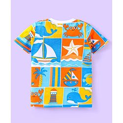 Babyhug Cotton Knit Half Sleeves T-Shirts with Beach Theme Text Prints & Stripes Pack of 3 - Blue & Orange