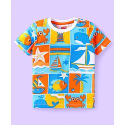 Babyhug Cotton Knit Half Sleeves T-Shirts with Beach Theme Text Prints & Stripes Pack of 3 - Blue & Orange