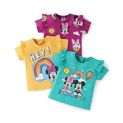 Babyhug Disney Single Jersey Knit  Half Sleeves Tops With Minnie & Friends Graphic & Frill Detailing Pack Of 3 - Yellow Purple