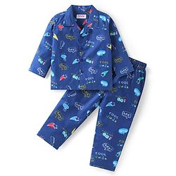 Babyhug Cotton Woven Full Sleeves Co-ords Night Suit with Text Print - Navy Blue