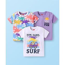 Babyhug Cotton Knit Half Sleeves T-Shirts with Beach Theme Print Pack of 3 - White & Purple