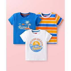 Babyhug Cotton Knit Half Sleeves T-Shirts with Beach Theme Print & Stripes Pack of 3 - Multicolor