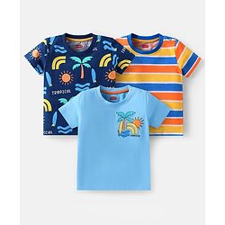 Babyhug Cotton Knit Half Sleeves T-Shirts with Beach Theme Print & Stripes Pack of 3 - Multicolor