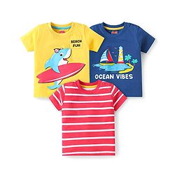 Babyhug Cotton Knit Half Sleeves T-Shirt with Beach Theme Print & Stripes Pack 3 - Navy Blue Yellow & Red