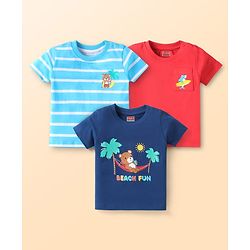 Babyhug Cotton Knit Half Sleeves T-Shirts With Stripes & Bear & Beach Fun Text Print Pack Of 3 - Light Blue Navy Blue & Red