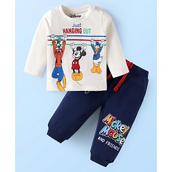 Babyhug Disney Single Jersey Knit Full Sleeves T-Shirt & Track Pant Set with Mickey Mouse Graphics - White & Navy Blue