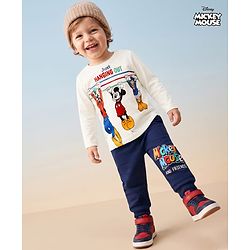 Babyhug Disney Single Jersey Knit Full Sleeves T-Shirt & Track Pant Set with Mickey Mouse Graphics - White & Navy Blue