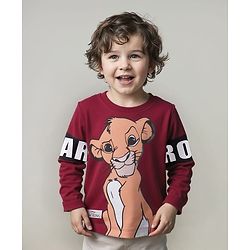 Babyhug Disney Single Jersey Knit Full Sleeves T-Shirt With Simba Graphic & Badge Detailing - Maroon