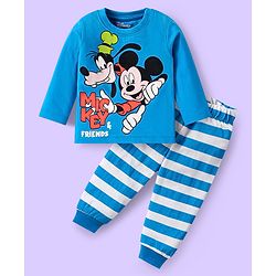 Babyhug Disney Single Jersey Knit Full Sleeves Night Suit Set With Mickey & Friends Graphic & Stripes - Blue
