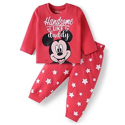 Babyhug Disney Single Jersey Knit Full Sleeves Night Suit Set With Mickey Mouse Graphic - Red