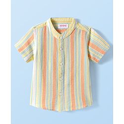 Babyhug Cotton Knit Half Sleeves Mandarin Collar Stripe Shirt - Yellow