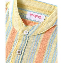 Babyhug Cotton Knit Half Sleeves Mandarin Collar Stripe Shirt - Yellow