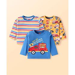 Babyhug Cotton Knit Full Sleeves T-Shirt with Stripes & Vehicle Graphics Pack of 3 - Blue Mustard