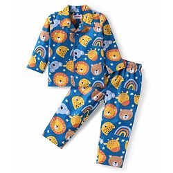 Babyhug Cotton Woven Full Sleeves Night Suit With Animal Print - Blue