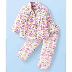 Babyhug Cotton Knit Full Sleeves Front Open Night Suit with Clouds Print - White