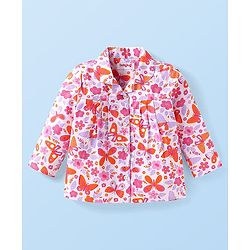 Babyhug Cotton Knit Full Sleeves Front Open Night Suit with Floral & Butterfly Print - White