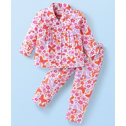 Babyhug Cotton Knit Full Sleeves Front Open Night Suit with Floral & Butterfly Print - White