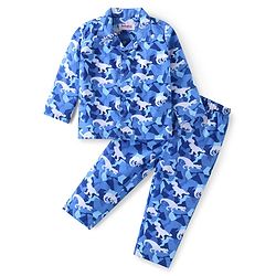Babyhug Cotton Woven Full Sleeves Front Open Collar Neck Night Suit with Dino Print - Blue