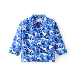 Babyhug Cotton Woven Full Sleeves Front Open Collar Neck Night Suit with Dino Print - Blue