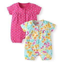 Babyhug Interlock Knit Half Sleeves Rompers With Floral & Polka Dot Print Pack of 2 - Dark Pink & White