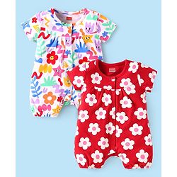 Babyhug 100% Cotton Knit Half Sleeves Rompers With Floral Print Pack of 2 - Red & White