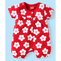 Babyhug 100% Cotton Knit Half Sleeves Rompers With Floral Print Pack of 2 - Red & White