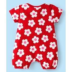 Babyhug 100% Cotton Knit Half Sleeves Rompers With Floral Print Pack of 2 - Red & White
