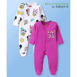 Babyhug Disney Interlock Knit Full Sleeves Footed Sleep Suits With Minnie & Friends Graphics Pack Of 2 - White & Purple