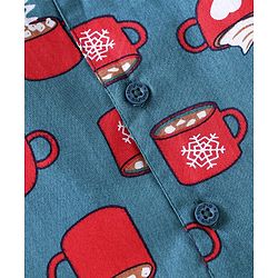 Babyhug Cotton Woven Full Sleeves Night Suit With Hot Chocolate Print - Teal Blue