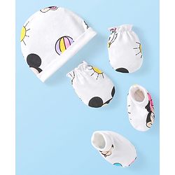 Babyhug Disney Interlock Knit Cap Mittens & Booties Set with Minnie Mouse Graphics White - Diameter 10.5 cm