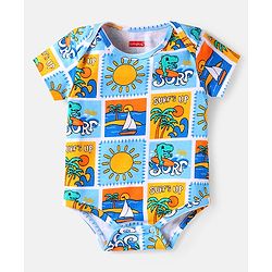 Babyhug Interlock Knit Full Sleeves Onesie With Dino & Beach Theme Print - Light Blue